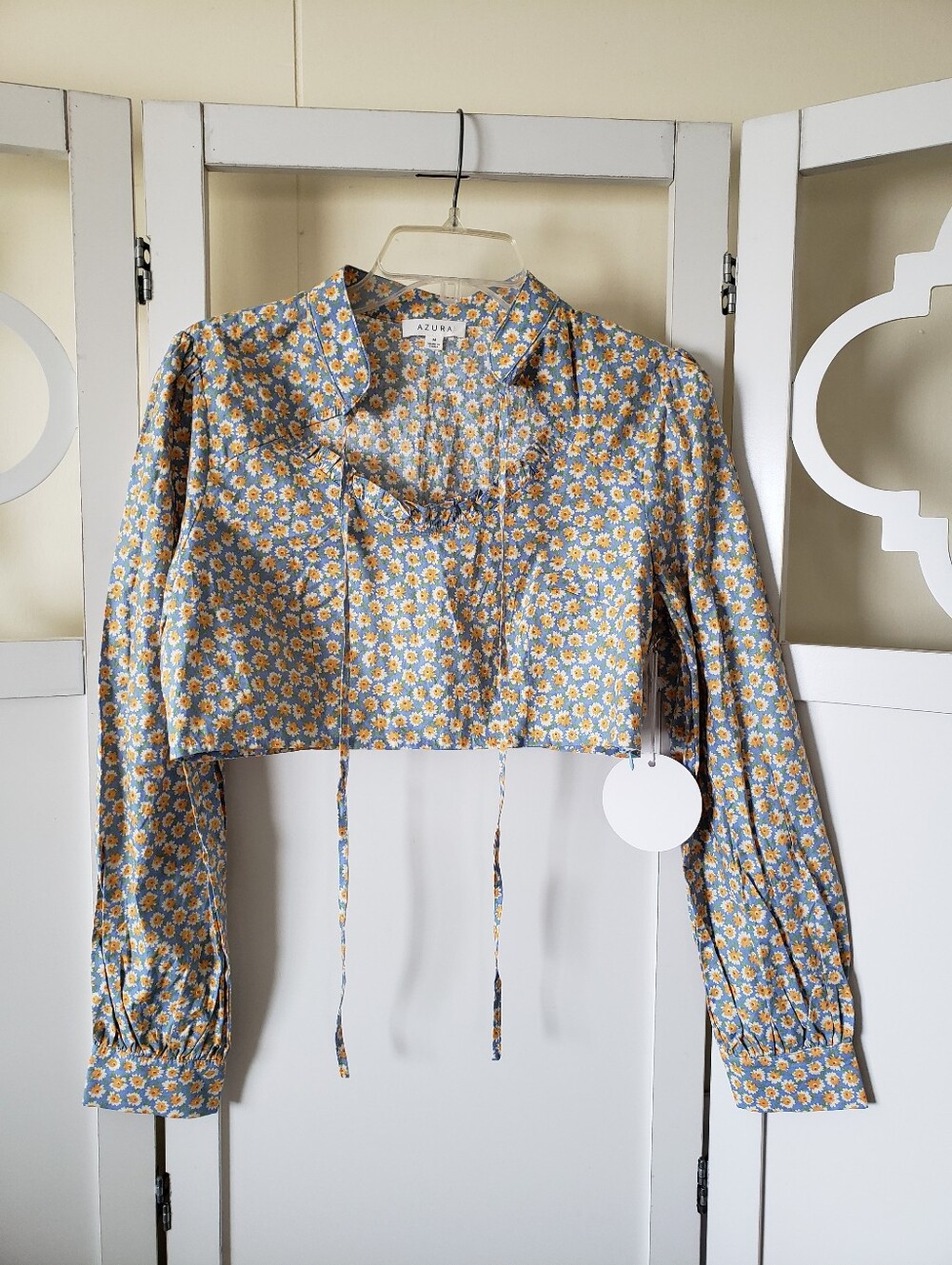 Azura Daisy Floral Crop Top Long Sleeve Ruffled Square  Neckline Size Medium